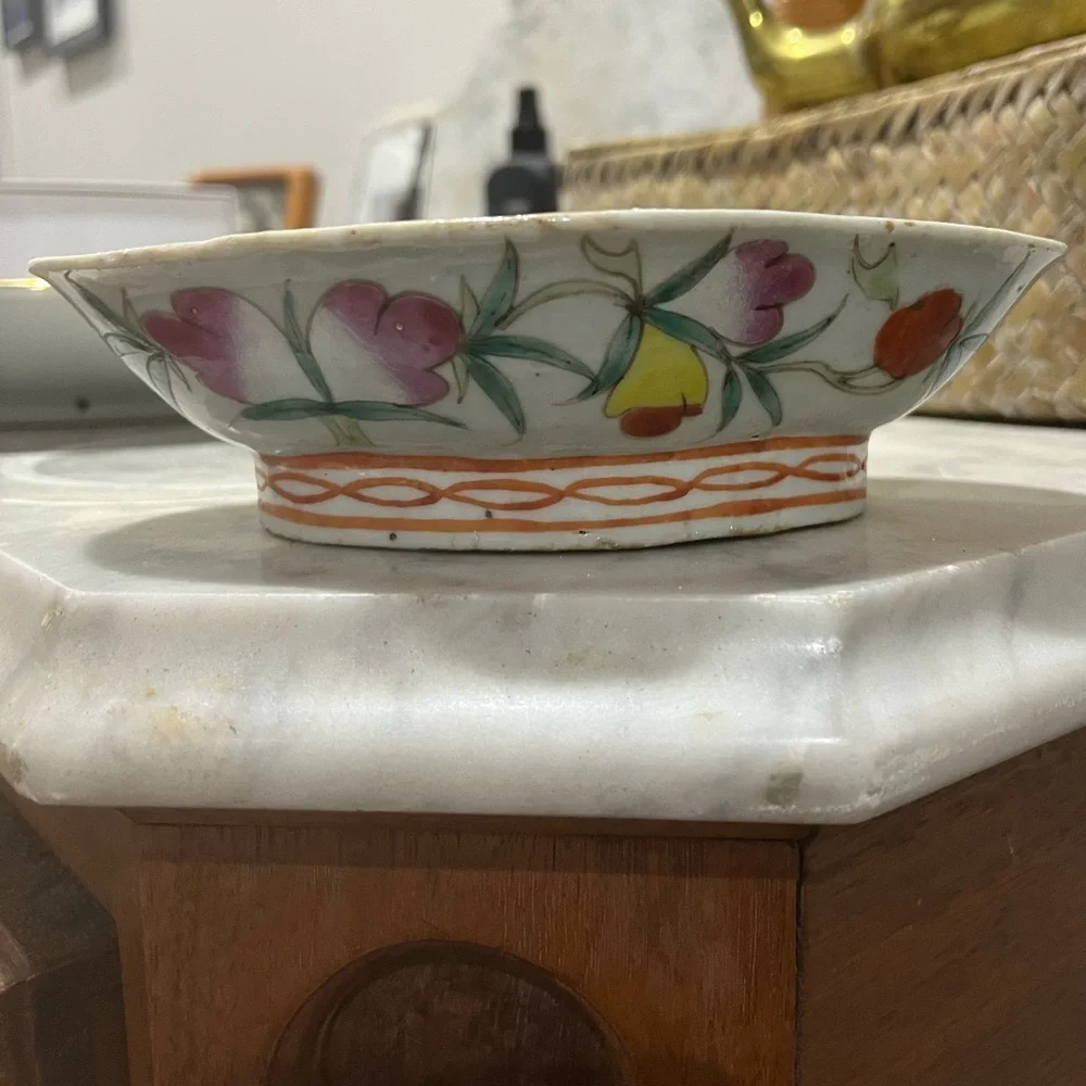 Antique Chinese Floral Porcelain Dish with Orange Accents
